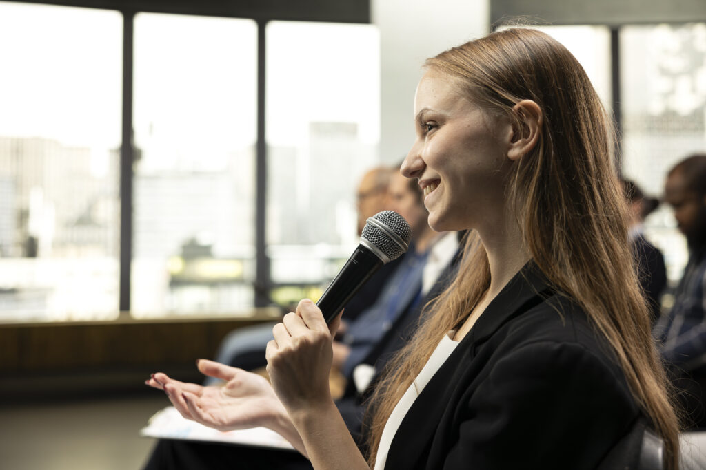 A sales rep practicing public speaking
