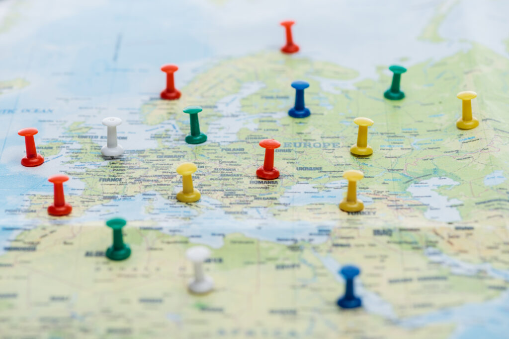Pins on the map identifying new sales markets